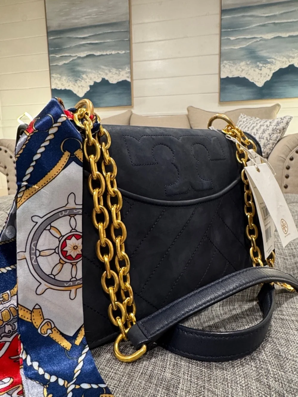 Tory Burch Bag Alexa Convertible Nubuck Suede Dark Navy Chevron Shoulder Bag - Picture 3 of 17
